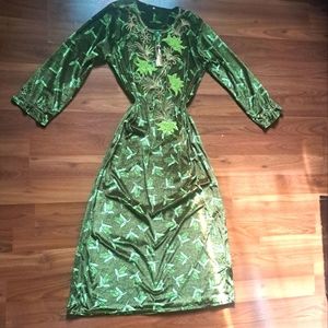 Vintage Green Velvet Velveteen Boho Hippie Festival Maxi Tunic Dress floral